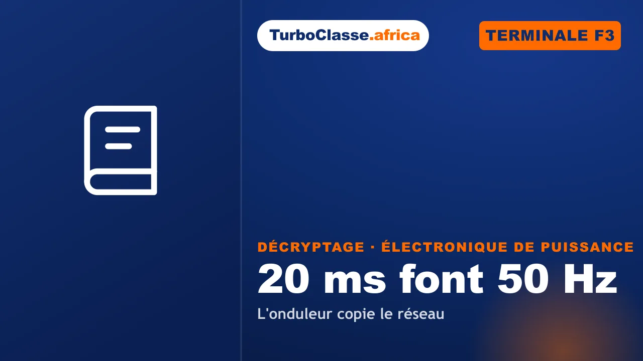 Terminale F3 — Électronique de Puissance : de la période à la fréquence d'un onduleur. Décryptage Thoth, fond bleu nuit.
