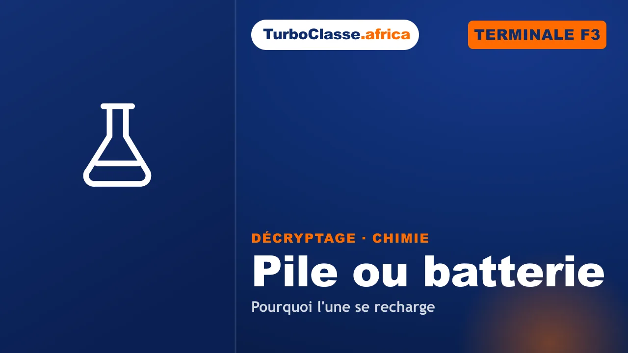 Terminale F3 — Chimie : pile non rechargeable et accumulateur, la réversibilité. Décryptage Thoth, fond bleu nuit.