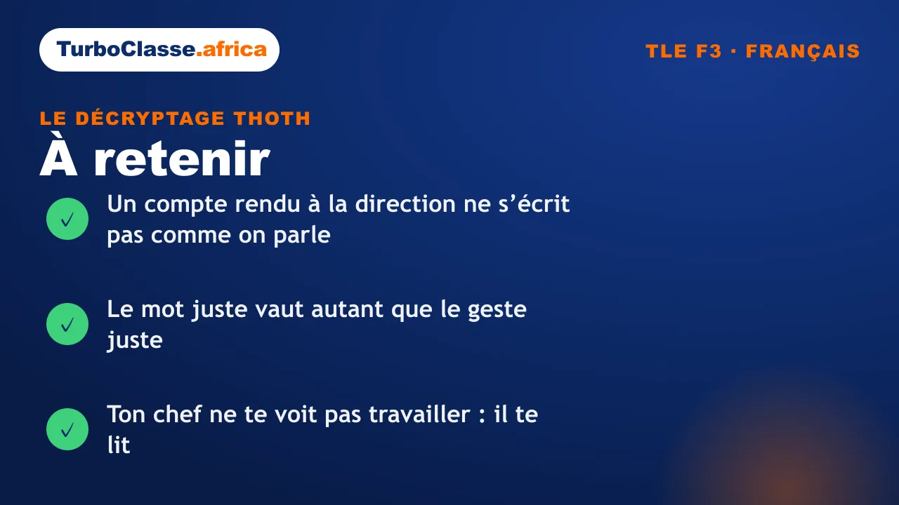 Carte « à retenir » : les trois réflexes sur le registre soutenu, Terminale F3. Fond bleu nuit TurboClasse.