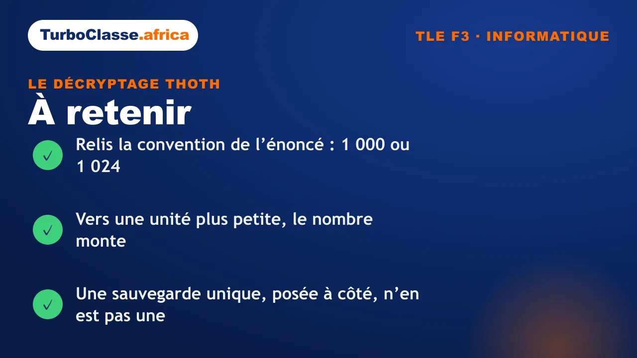 Carte « à retenir » : les trois réflexes sur les conversions d'unités et la sauvegarde, Terminale F3. Fond bleu nuit TurboClasse.