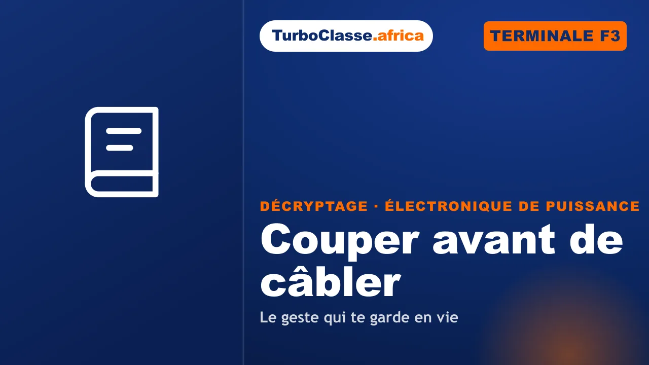 Terminale F3 — Électronique de Puissance : couper avant de câbler un wattmètre. Décryptage Thoth, fond bleu nuit.