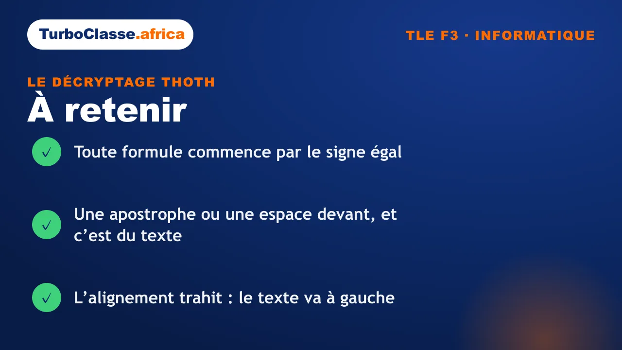 Carte « à retenir » : les trois réflexes sur le signe égal dans un tableur, Terminale F3. Fond bleu nuit TurboClasse.