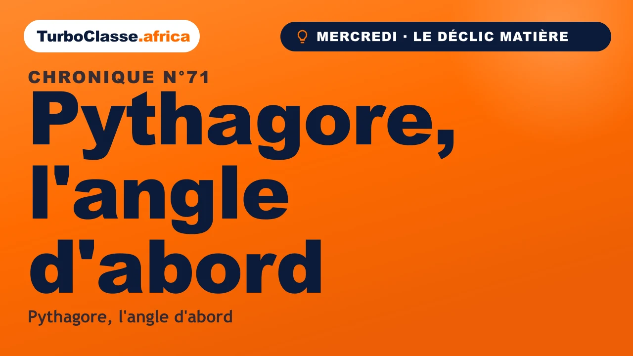 Chronique THOTH « Pythagore, l'angle d'abord » — chercher l'angle droit avant la formule, sur fond orange TurboClasse.