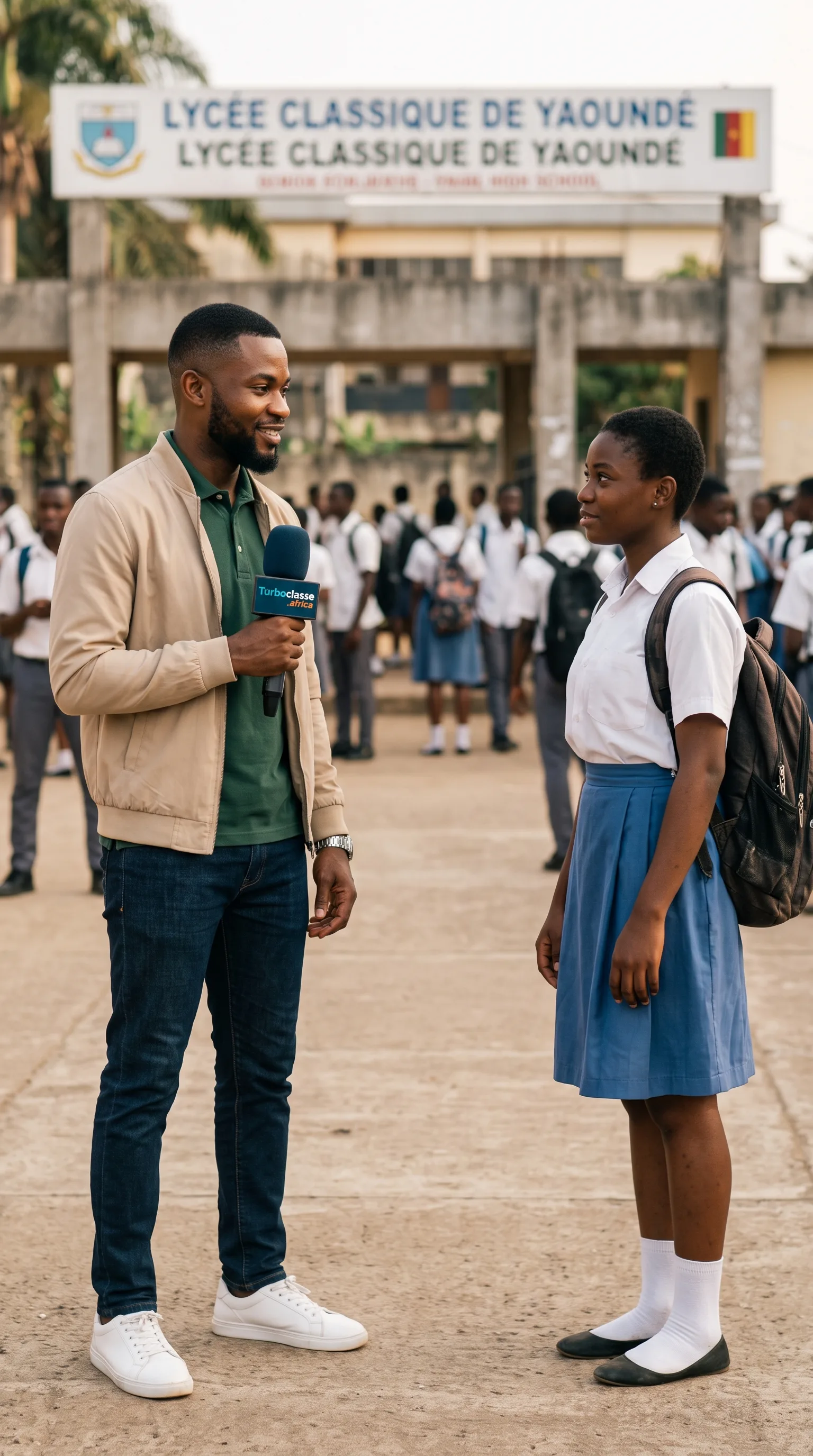 Un journaliste interviewe une élève devant un lycée camerounais
