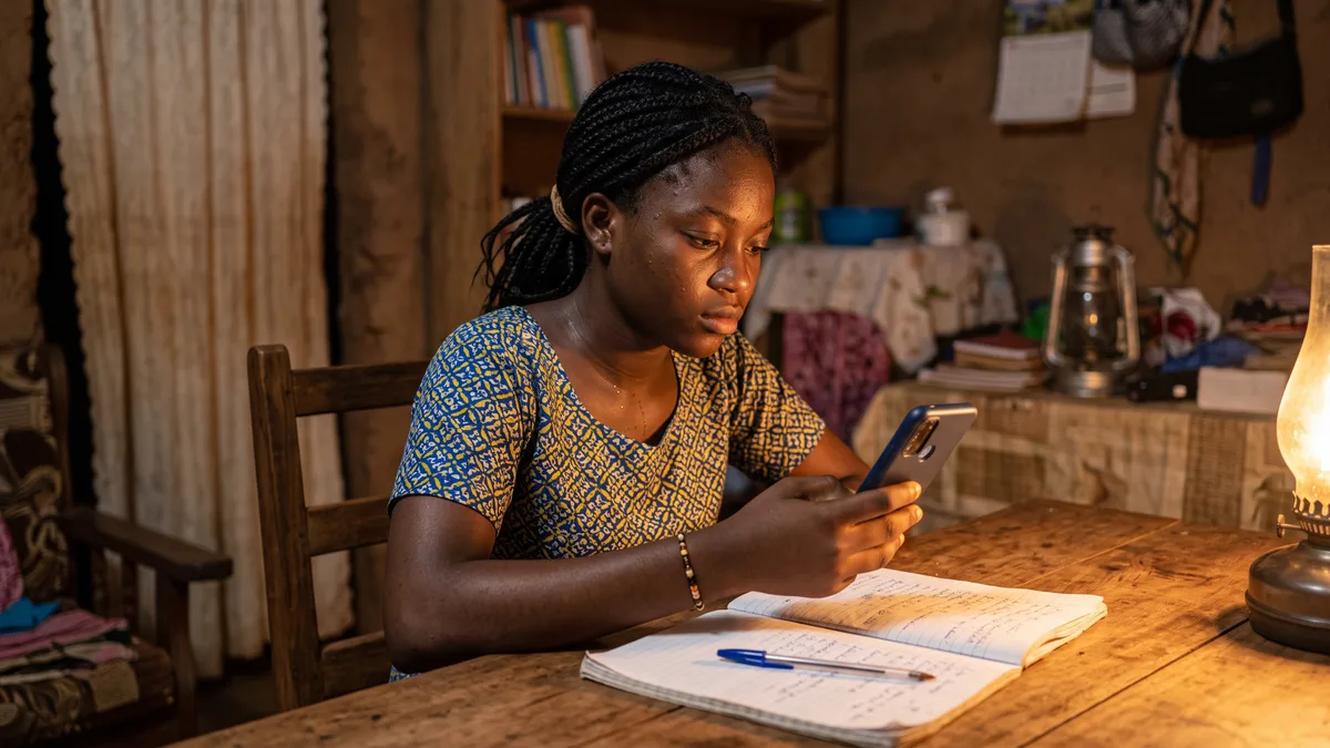 Une lycéenne camerounaise, assise à une table de travail, fait un exercice sur son téléphone, un cahier ouvert à côté d'elle.