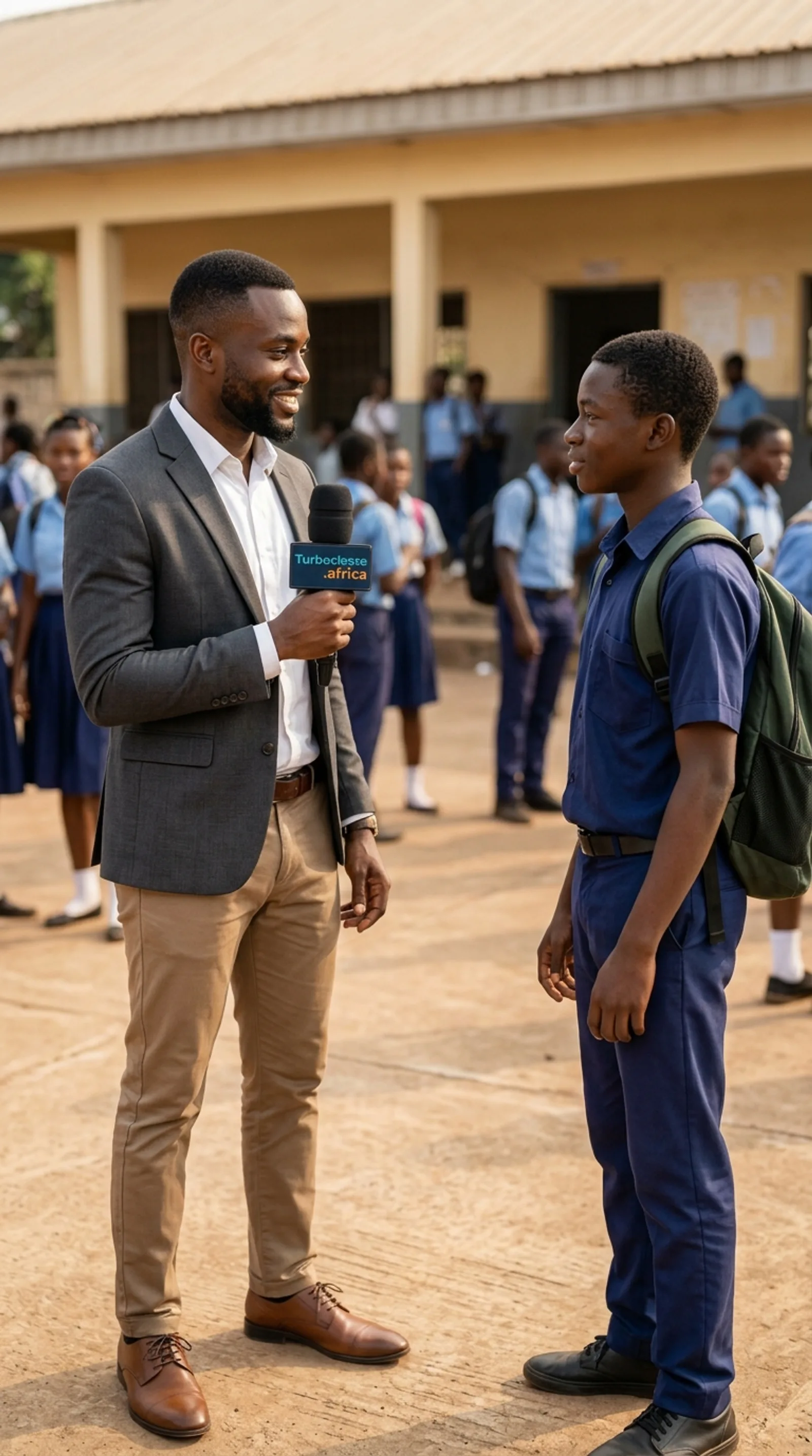 Un journaliste interviewe un élève devant un lycée au Cameroun